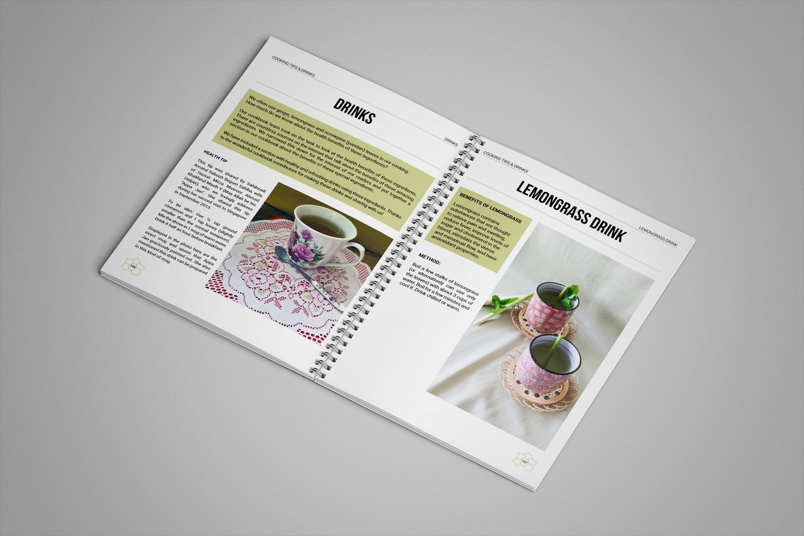 Gift of Love cookbook Drinks section spread, with an introduction and health tip on the left page and the Lemongrass Drink recipe on the right page