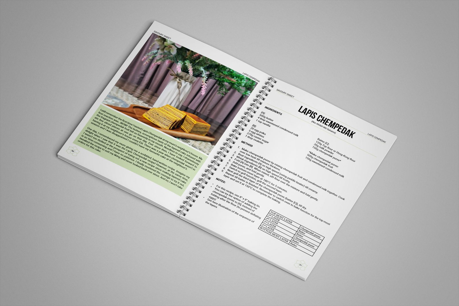 Gift of Love cookbook recipe spread for Lapis Chempedak, with a photograph and story panel on the left page and the ingredients, method and notes on the right page