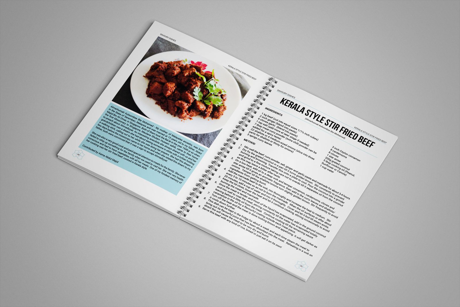 Gift of Love cookbook recipe spread for Kerala Style Stir Fried Beef, with a photograph and story panel on the left page and the ingredients and method on the right page