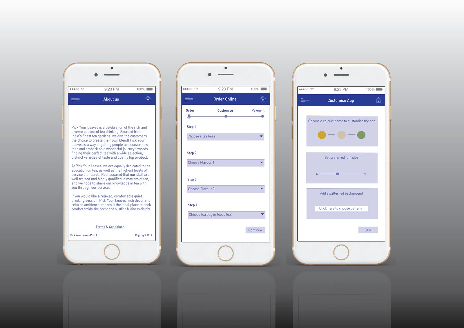 Three further phone screens showing the Pick Your Leaves app content and settings