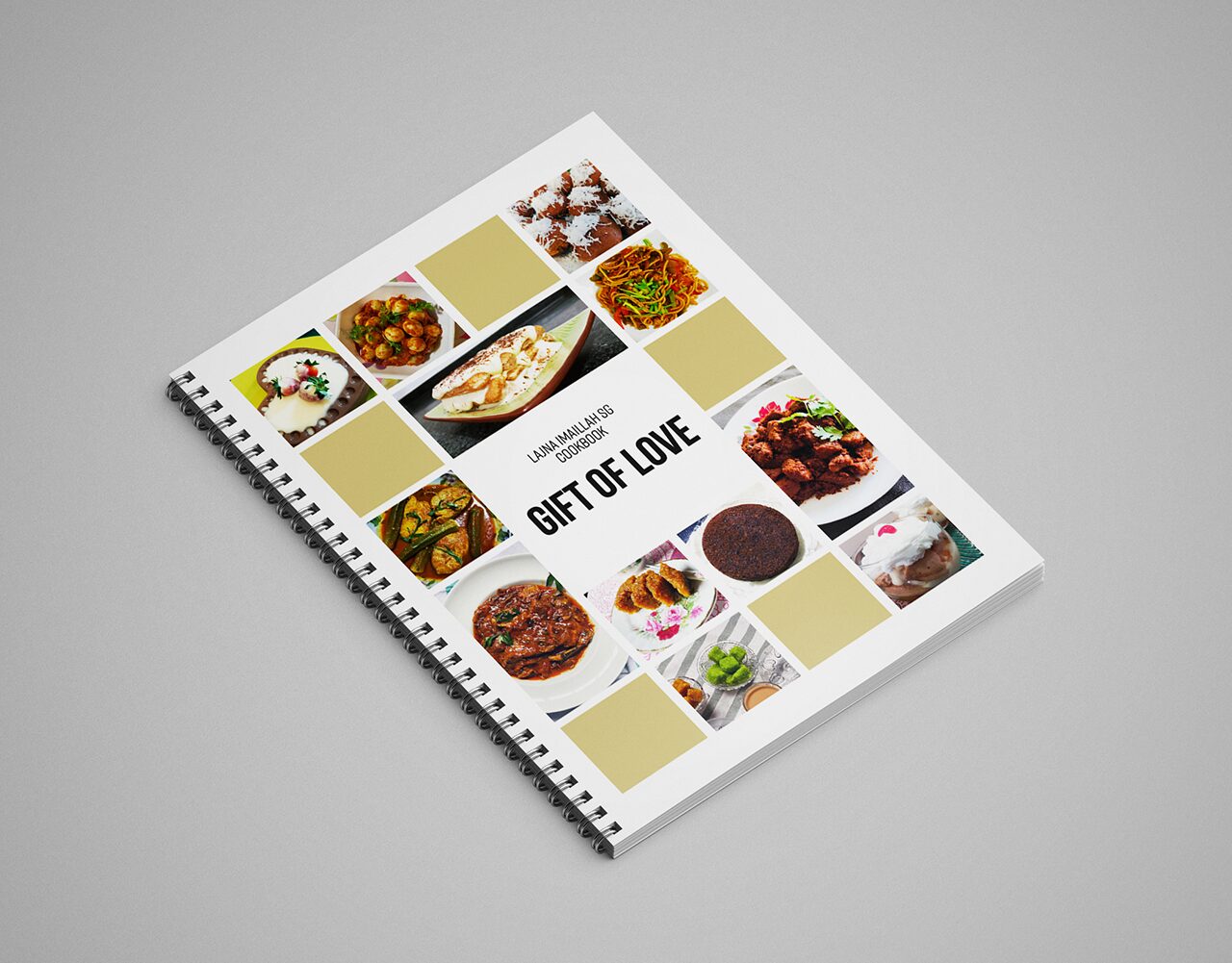Gift of Love cookbook cover: a wire-bound book with a checkerboard grid of dish photographs and mustard colour blocks around the title