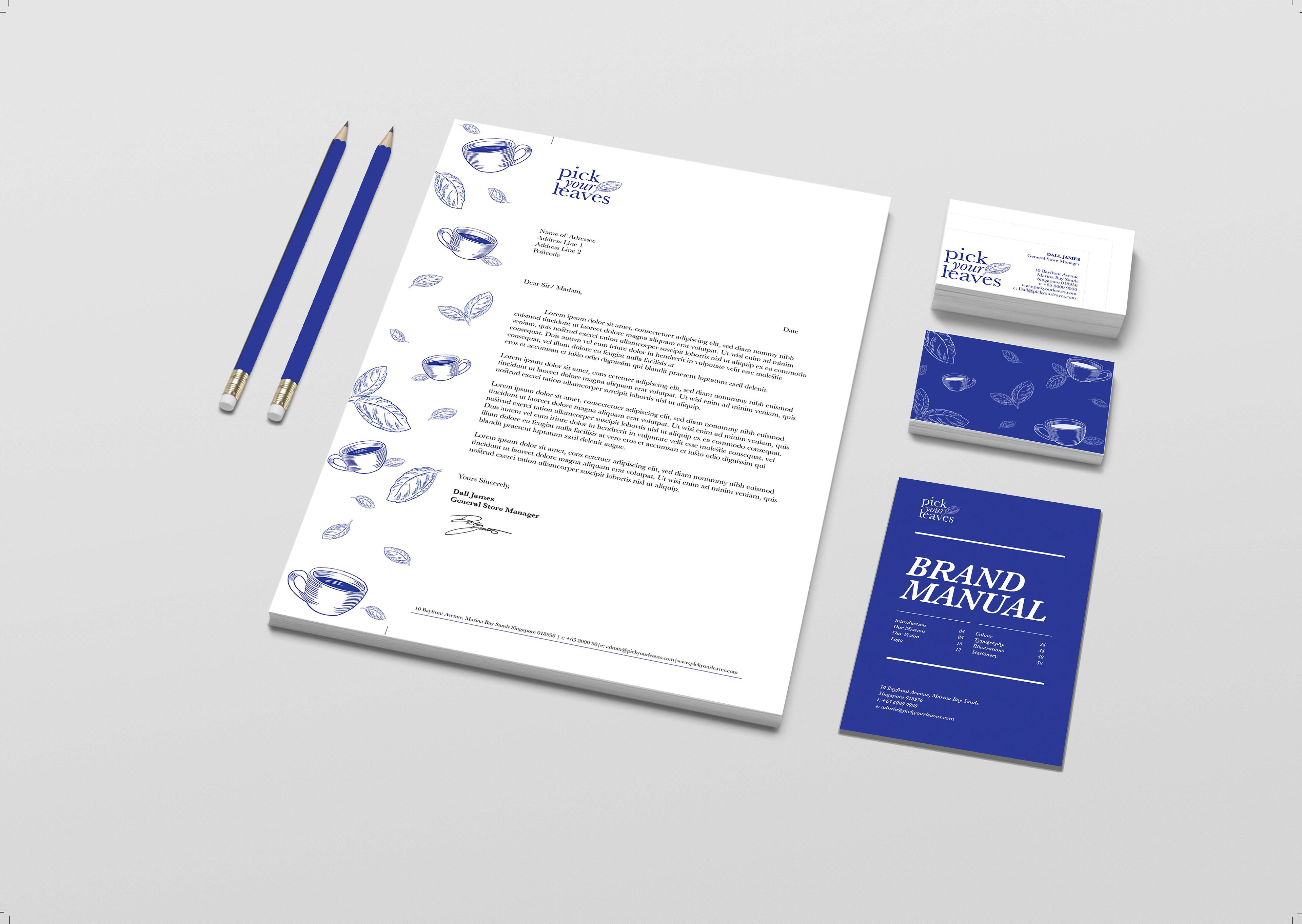 Pick Your Leaves stationery set shown together, including printed items in the brand blue