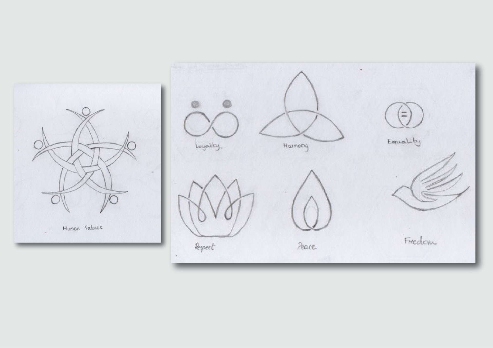 Hand-drawn sketches exploring the hexagon mark and icon ideas on paper
