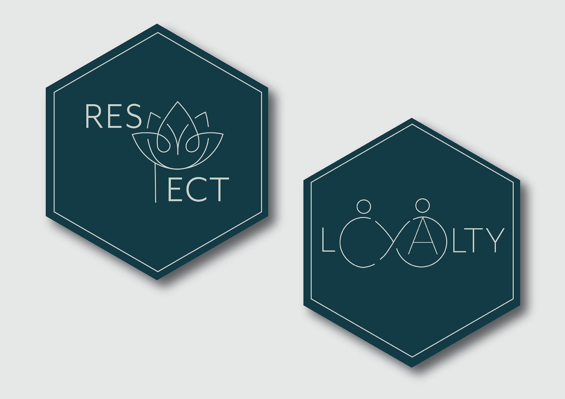 Two hexagonal marks with icons, labelled Respect and Loyalty