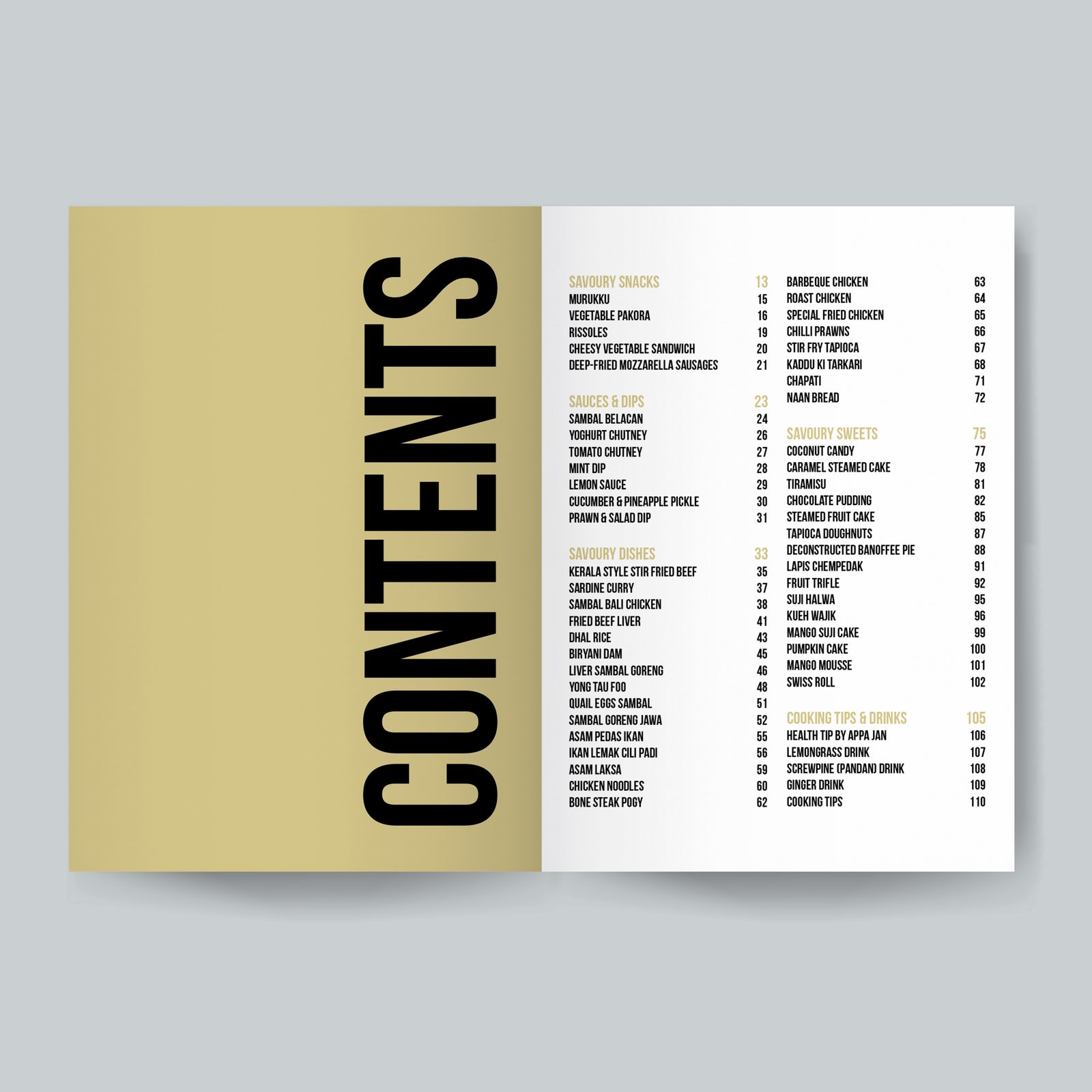 Gift of Love cookbook contents page with a large vertical CONTENTS on a mustard block and recipes listed with page numbers