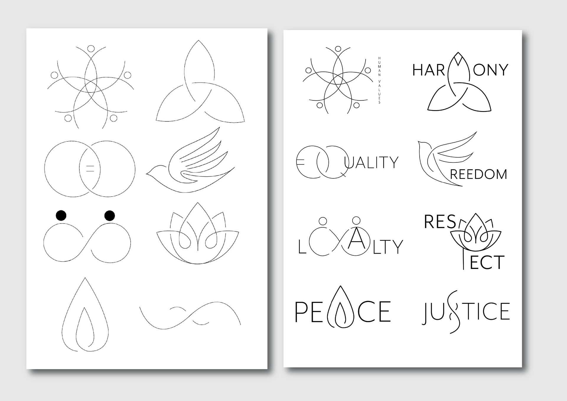 Sheets of icon and lettering studies for the Human Values marks