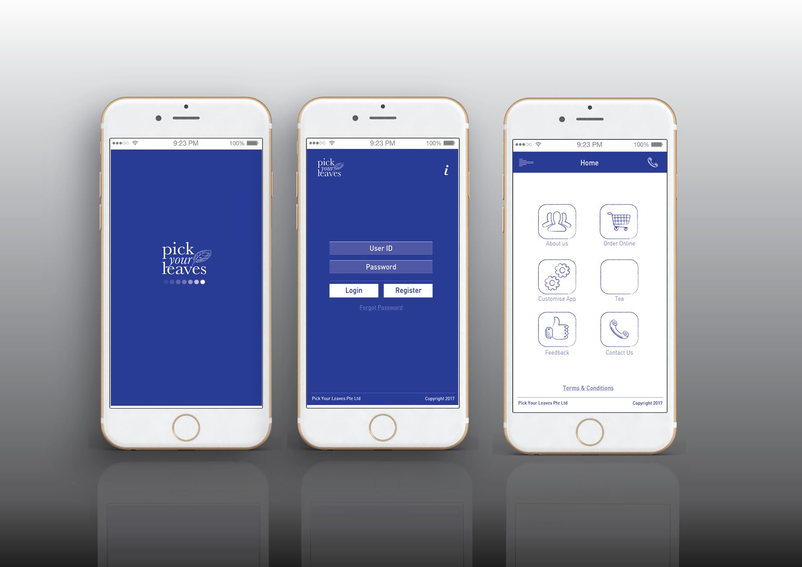 Three phone screens showing the Pick Your Leaves app sign-in and ordering flow
