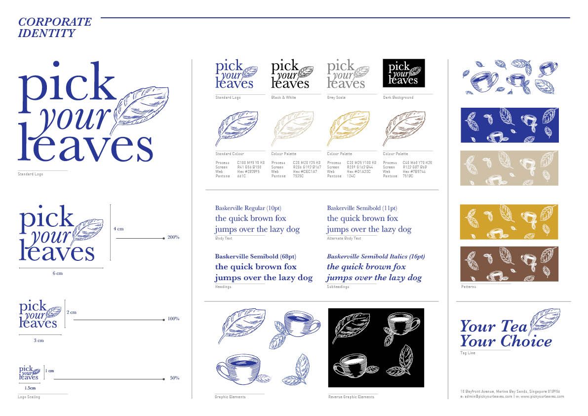 Corporate identity board showing the Pick Your Leaves logo variants, colour swatches and teacup illustrations