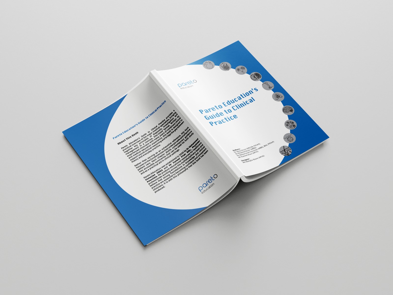 Pareto Education's Guide to Clinical Practice, a blue and white medical reference book shown open with its front and back cover and a ring of specialty icons