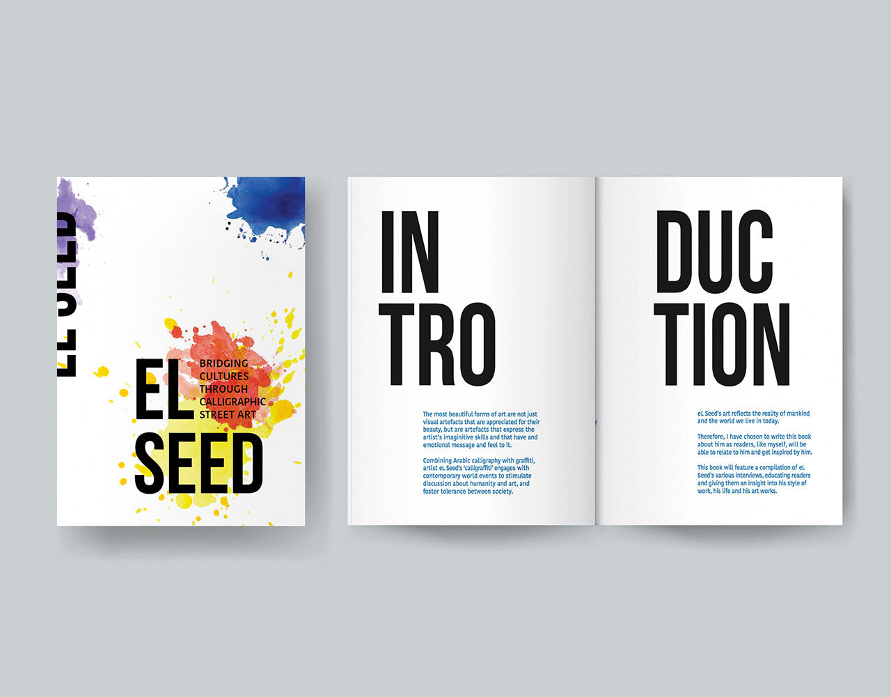 El Seed publication spread showing full-bleed calligraffiti artwork opposite a narrow text column