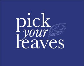 The Pick Your Leaves wordmark in white with a leaf mark, on a deep blue ground